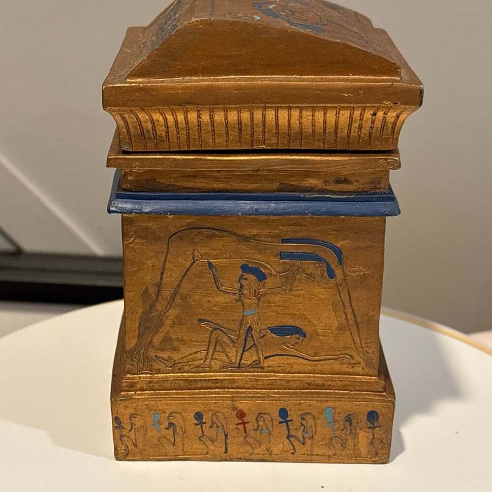 Vintage Egyptian Revival Anubis Isis Hand Painted Wood Temple Lidded Box Rare
